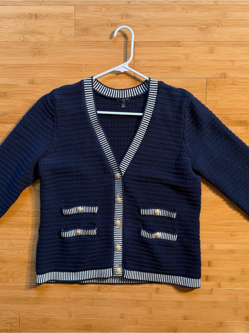 Talbots Navy Textured Cardigan Gold Crest Buttons Nautical — Size Large Petite